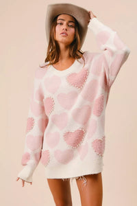Heart Pattern Sweater with Pearl Detail-BiBi-Reef Love