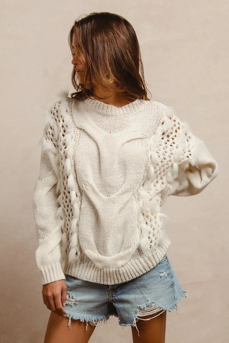 Faux Fur Detailed Pointelle Cable Knit Sweater-Reef Love