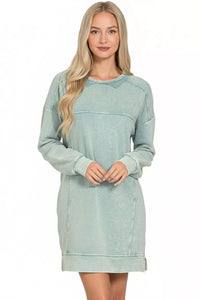 French Terry Ash Blue Acid Washed Mini Dress with Pockets-ZENANA-Reef Love