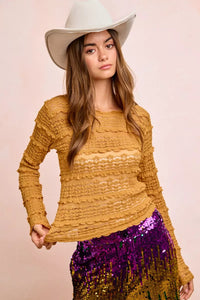 Ruffle Detail Mardi Gras Flower Lace Top, Mustard Gold-BiBi-Reef Love