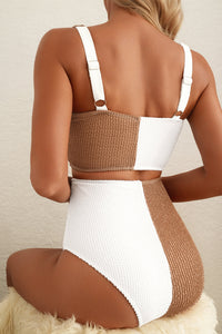 White and Tan Corded Colorblock Square Neck Bikini Swimsuit
