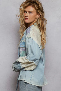 Shop POL Printed Woven Mix Raw Hem Jacket with Lace Detail-available at Reef Love online boho-chic boutique