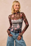 Shop Flower Printed Sheer Mesh Top with Thumb Opening-This stunning sheer mesh blouse features a romantic floral print in soft pink and coral tones against a dark base. Stretchy semi-transparent mesh fabric.-Reef Love Boho-Chic Boutique