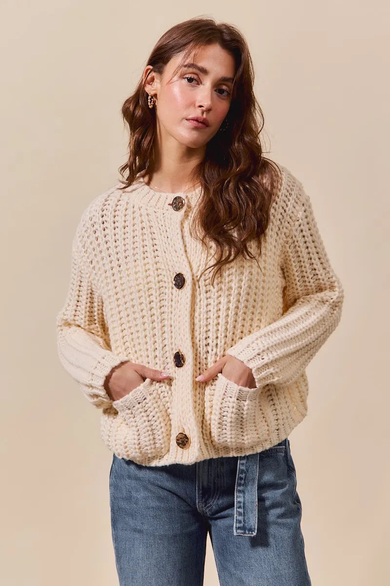 SO ME Metal Button Long Sleeve Chunky Sweater Cardigan-Reef Love Boutique
