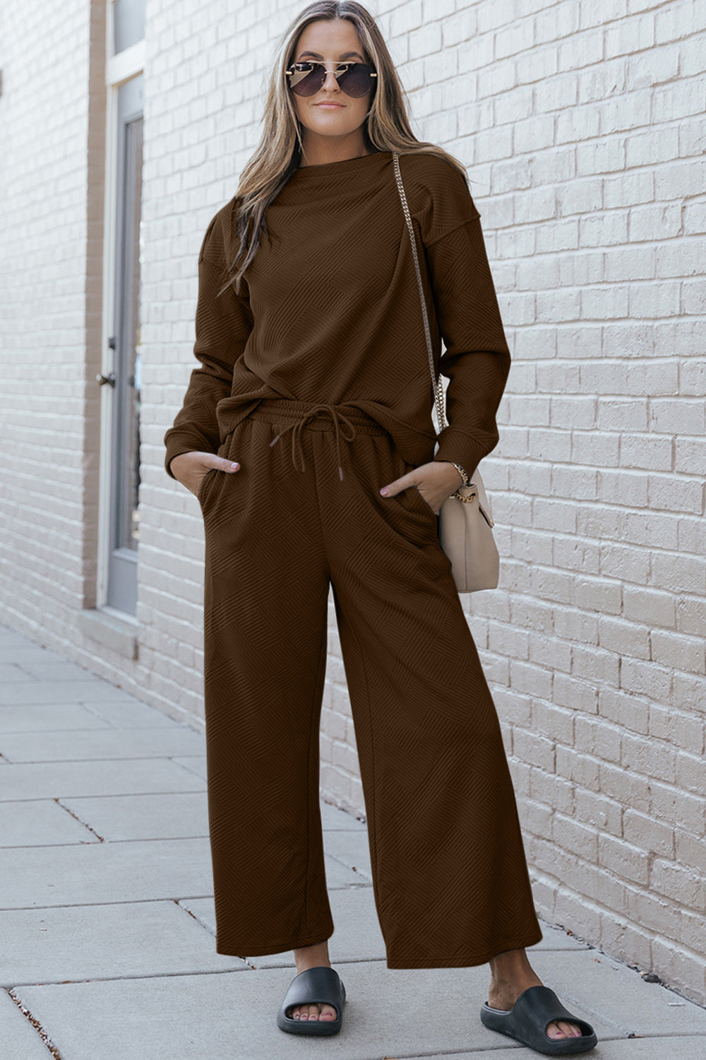 Textured long sleeve top and pants set is perfect for lounging around the house, travel, or a casual day out. Available in many colors and extended sizes.