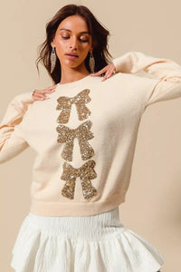 Sequins Gold Bow Embellished Christmas Sweater-Reef Love
