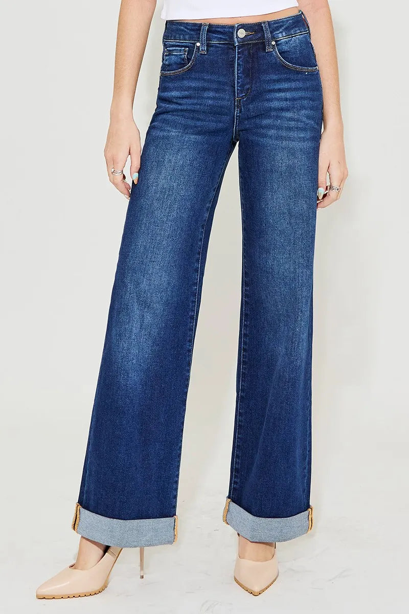 RISEN High Rise Wide Leg Cuffed Jeans-Wide Leg Jeans-Reef Love