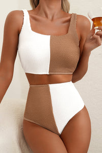 White and Tan Corded Colorblock Square Neck Bikini Swimsuit