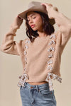 Checkered Plaid Tape Lace Up Sweater, Beige