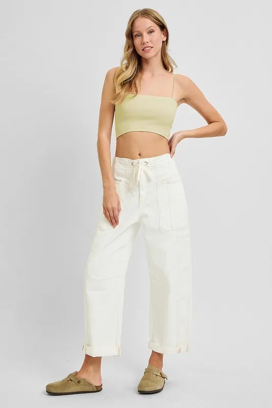 RISEN High Rise Crop Wide Barrel Cargo Jeans, Cream