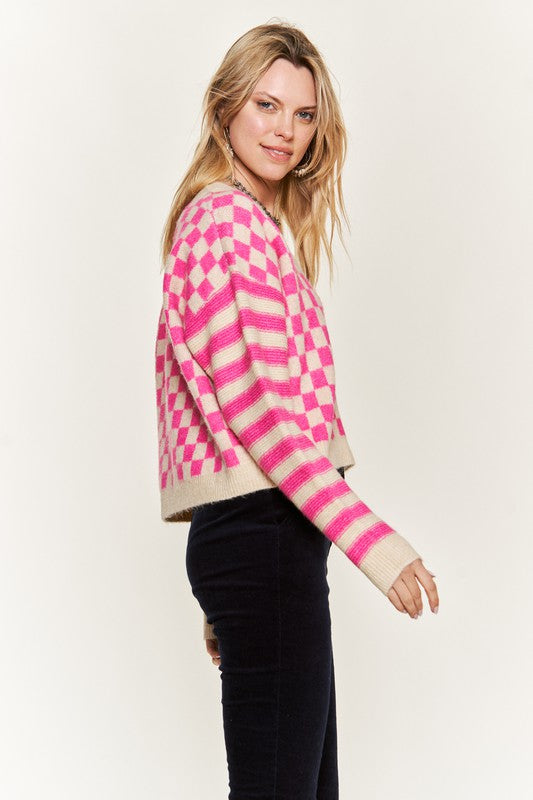 Contrast Checker & Stripes Sweater Cardigan-Jade By Jane-Reef Love