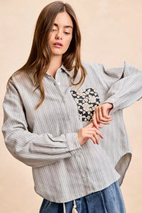 Flower Jacquard Knit Patch Pocket Stripe Shirt-BiBi-Reef Love