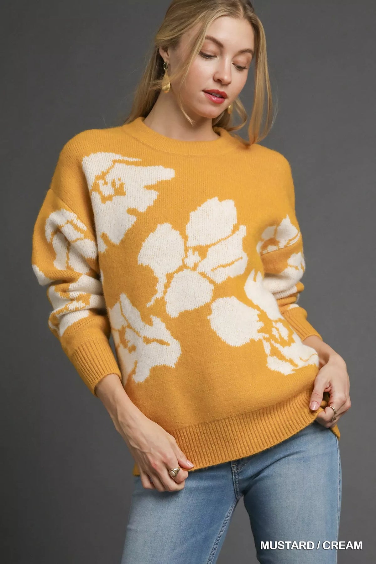 Floral Oversized Long Sleeve Sweater, Mustard