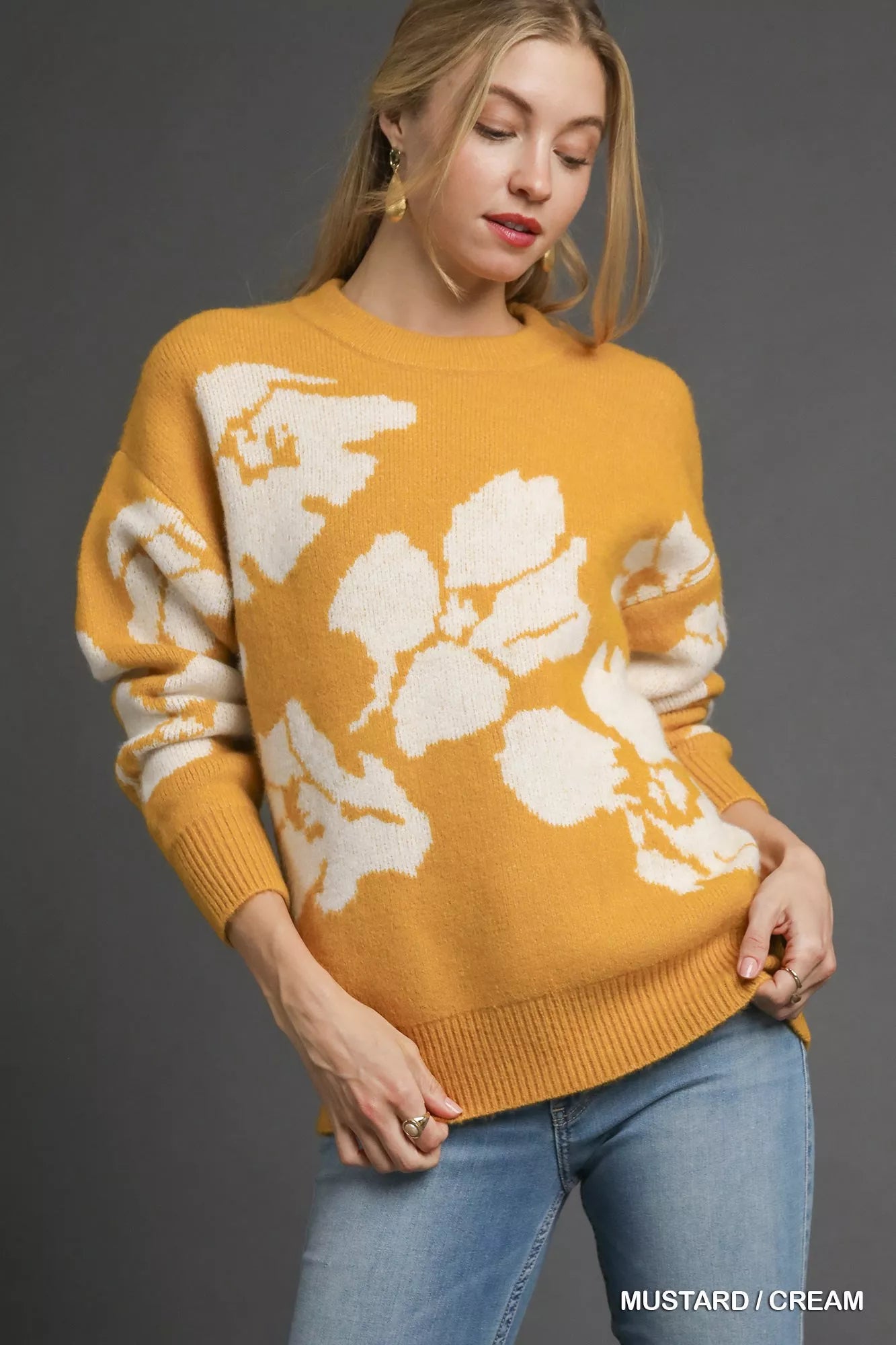 Floral Oversized Long Sleeve Sweater, Mustard