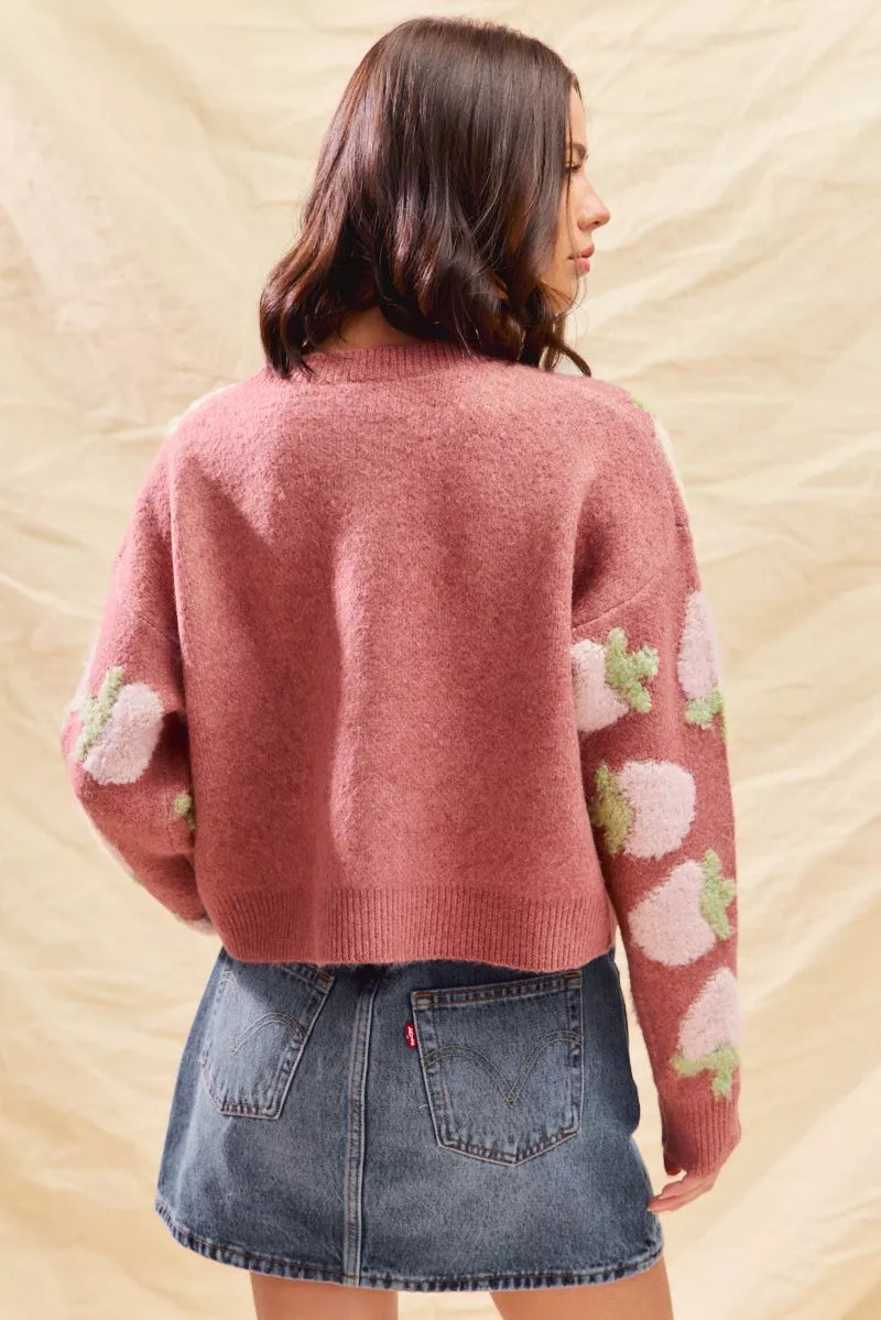 Strawberry Fruit All Over Button Sweater Cardigan, Pink