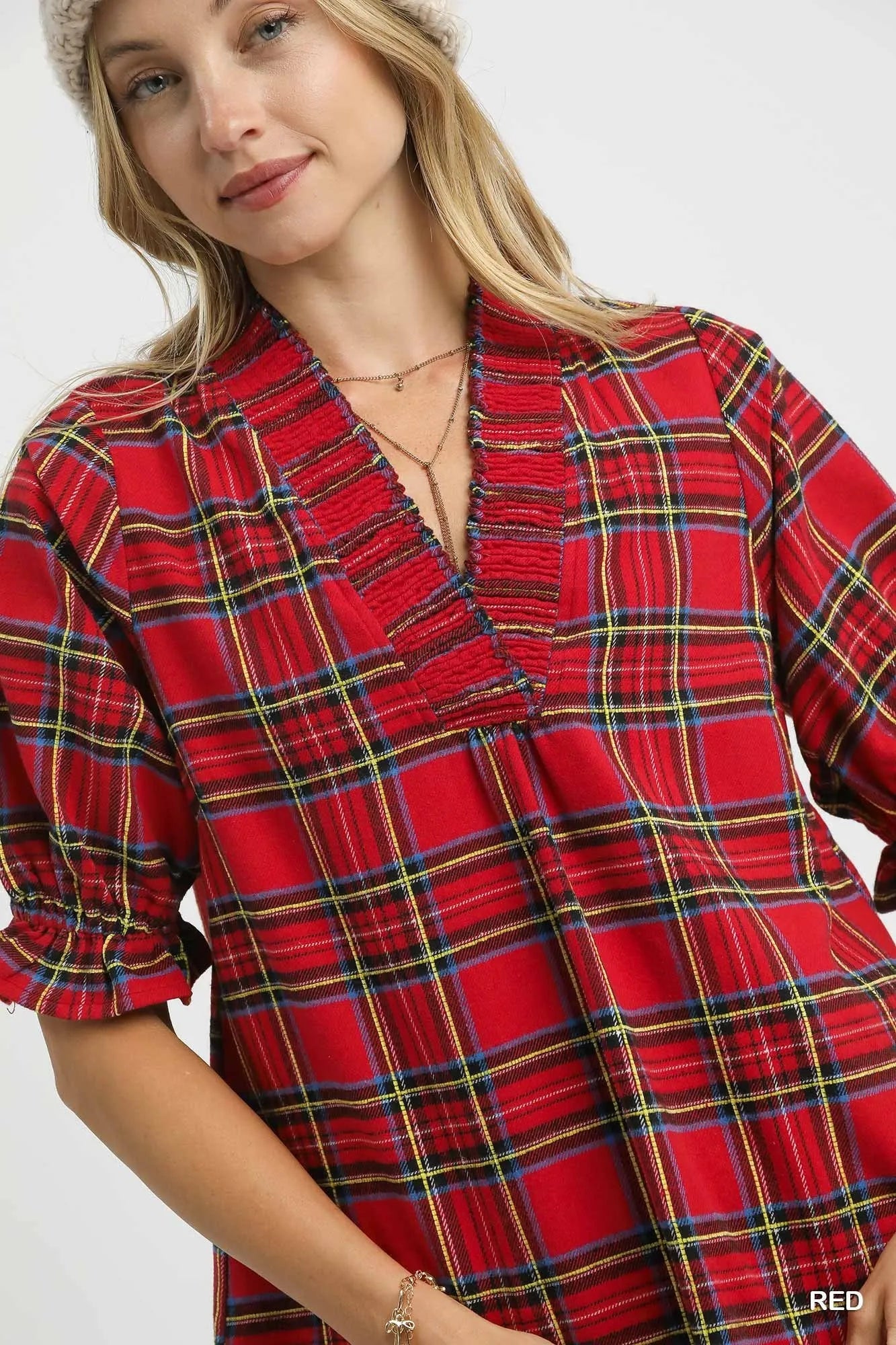 Festive Plaid V-Neck Blouse