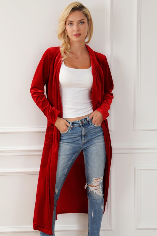 Velvet Open-Front Pocketed Longline Duster Cardigan-JUNIPER BLVD-Reef Love