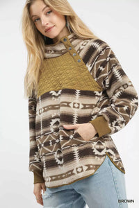 Aztec Print Sherpa Pullover, Brown-Reef Love