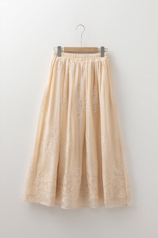 Embroidered Mesh Overlay Midi Skirt-Reef Love