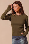 Olive Green Cut-Out Shoulder Ribbed Pullover