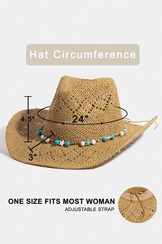 Woman wearing Turquoise & Shell Star Beads Strap Western Straw Hat-Western-style straw hat with turquoise and shell star beads. Lightweight, boho-chic, and perfect for festivals, beach days, or sunny adventures.