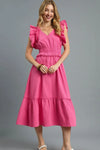Woman wearing Hot Pink V-Neck Ruffled Cap Sleeve Midi Dress-Stunning midi dress with eye-catching ruffle shoulders and a flattering waist that accentuates your silhouette. Grest for brunch dates and garden parties.
