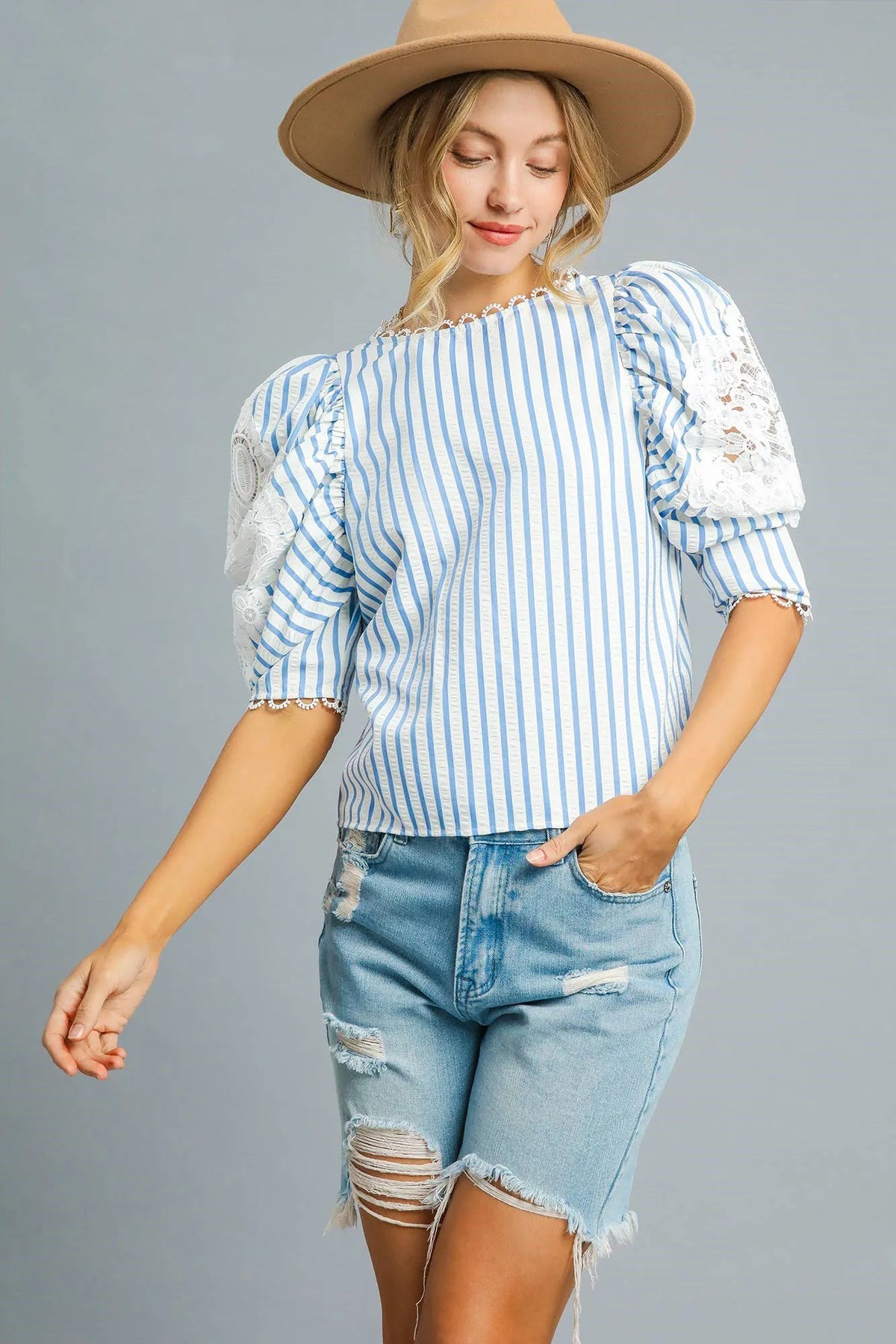 Striped Lace Puff Sleeve Blouse