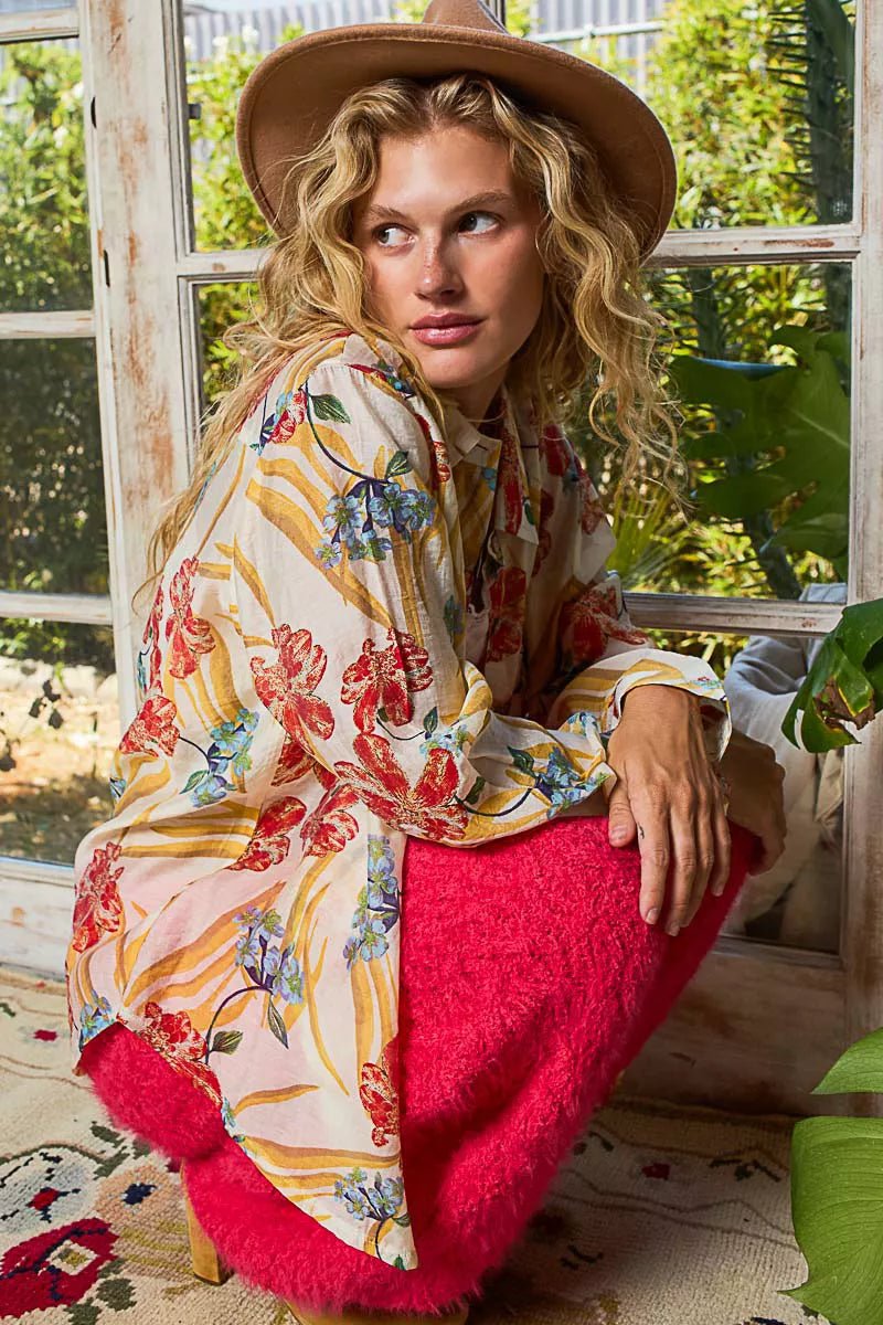 Boho Oversized Floral Print Button Down Blouse - Reef Love