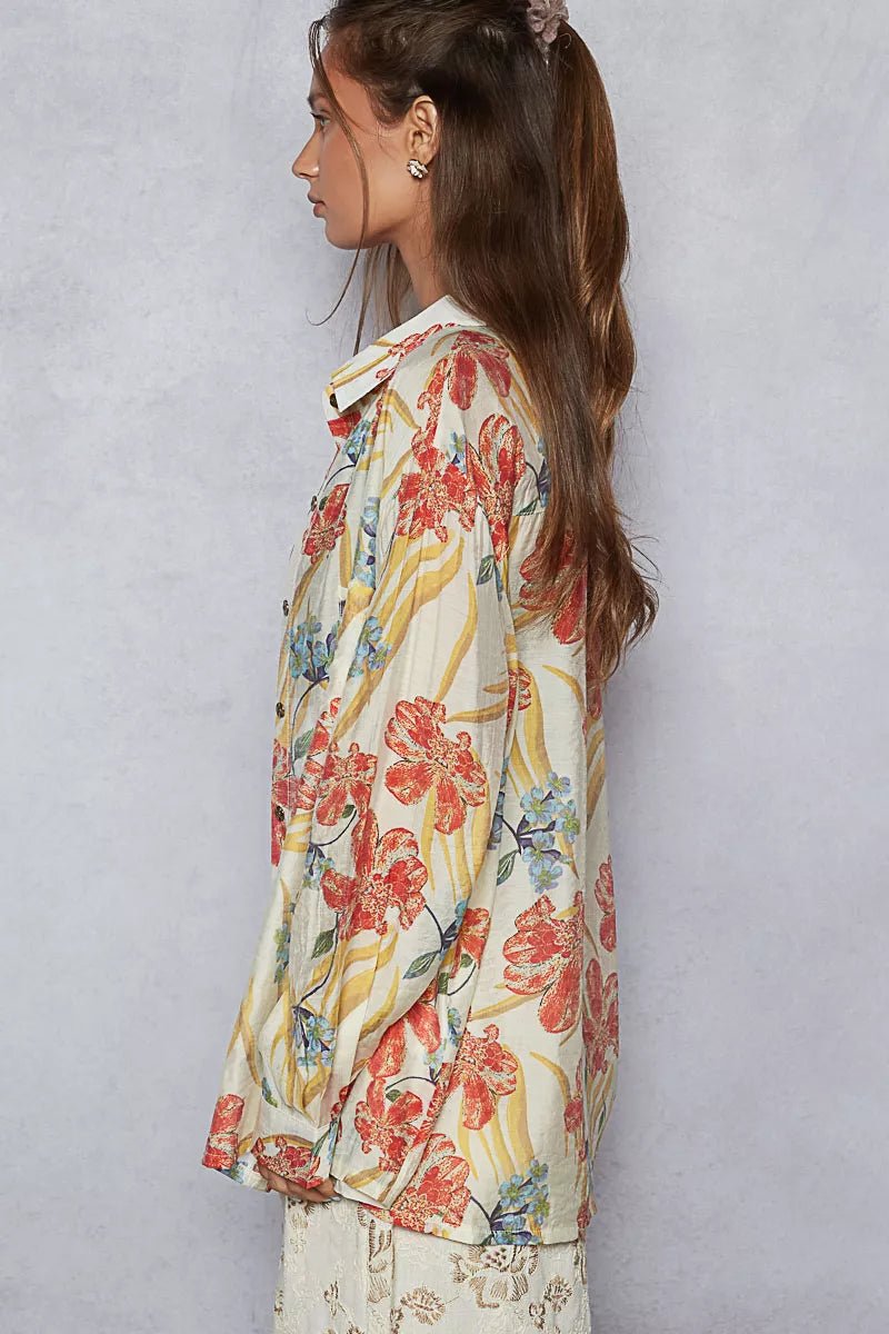 Boho Oversized Floral Print Button Down Blouse - Reef Love