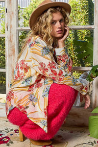 Boho Oversized Floral Print Button Down Blouse - Reef Love