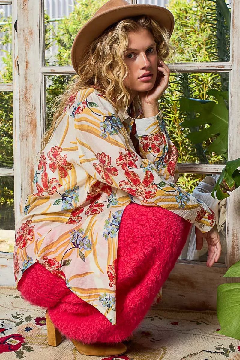 Boho Oversized Floral Print Button Down Blouse - Reef Love