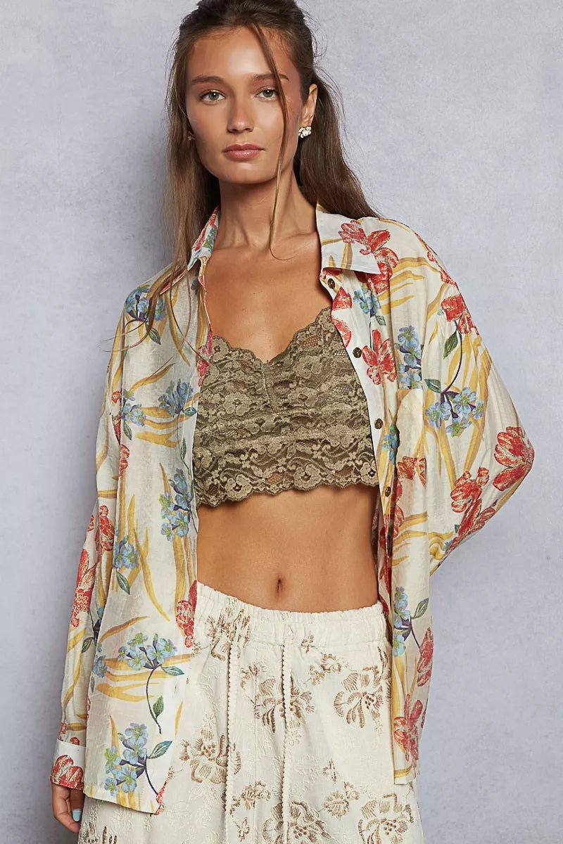Boho Oversized Floral Print Button Down Blouse - Reef Love
