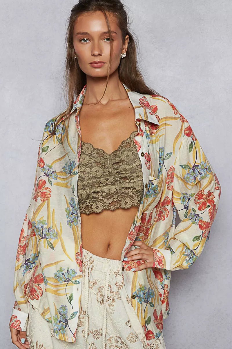 Boho Oversized Floral Print Button Down Blouse - Reef Love