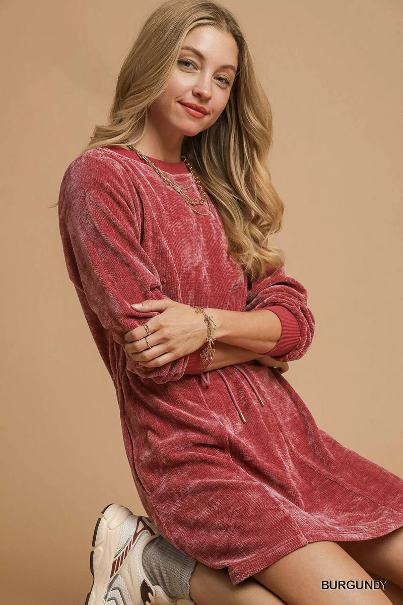 Burgundy Velour Drawstring Mini Dress - Reef Love