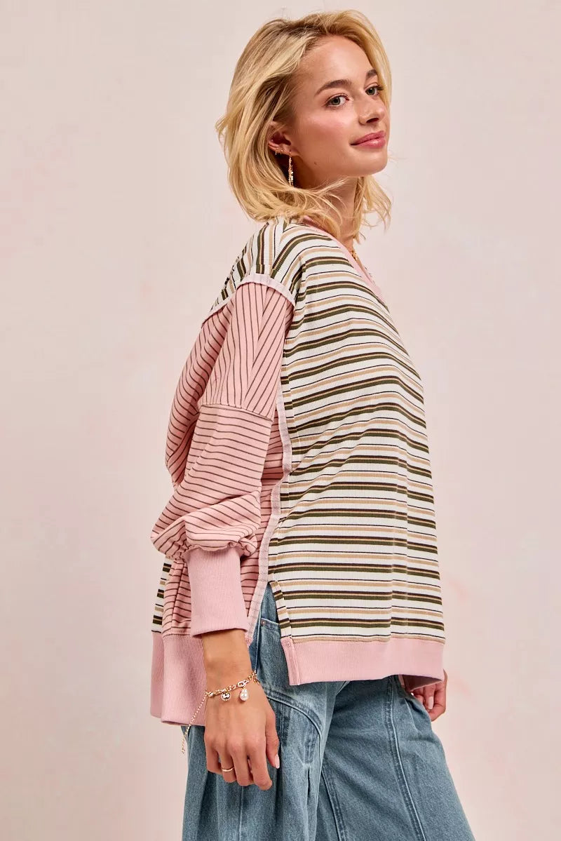 Stripe Mixed Top With Cut Edge And Reverse Outseam