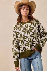BiBi Flower Pattern Long Sleeve Sweater-Reef Love Boutique