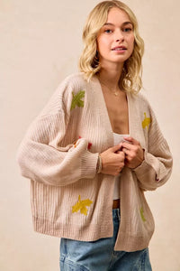 Two Tone Knit Cardigan with Leaf Patches-BiBi-Reef Love