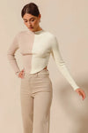 Taupe Color Block Fitted Crop Sweater