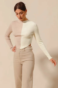 Taupe Color Block Fitted Crop Sweater