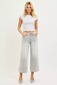 RISEN Tummy Control Mid Rise Crop Wide Pintuck Front Jeans, Grey Wash-RISEN-Reef Love
