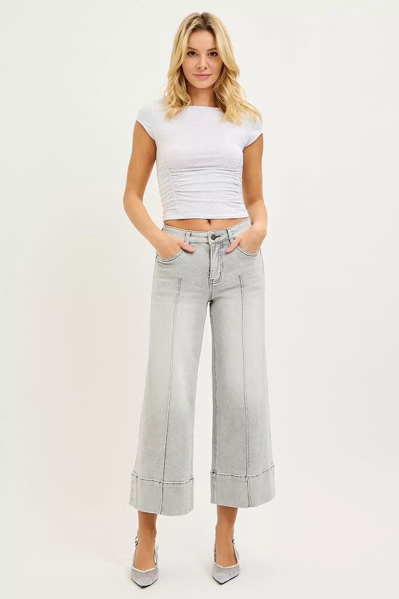 RISEN Tummy Control Mid Rise Crop Wide Pintuck Front Jeans, Grey Wash-RISEN-Reef Love