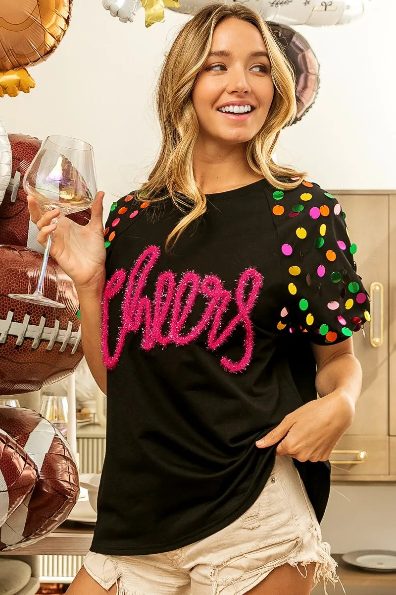 Shop BiBi Metallic Letter Spangle Raglan Puff Sleeve Top-available at Reef Love online boho-chic boutique