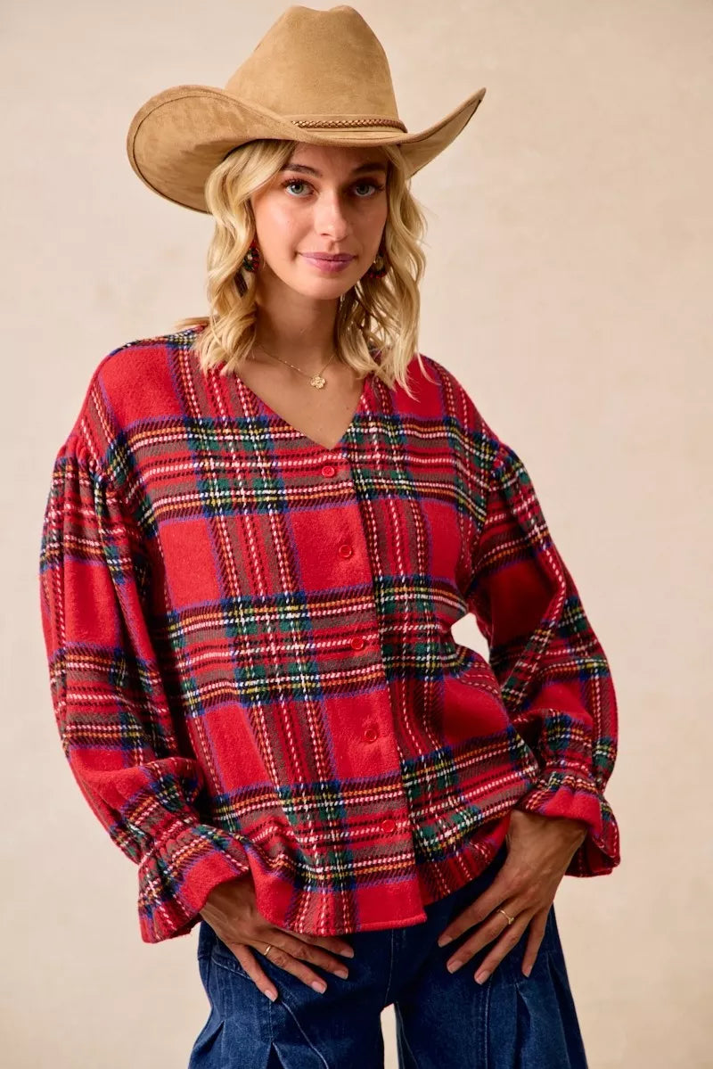 Christmas Plaid V-Neck Flounce Sleeve Jacket