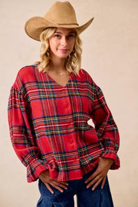 Christmas Plaid V-Neck Flounce Sleeve Jacket
