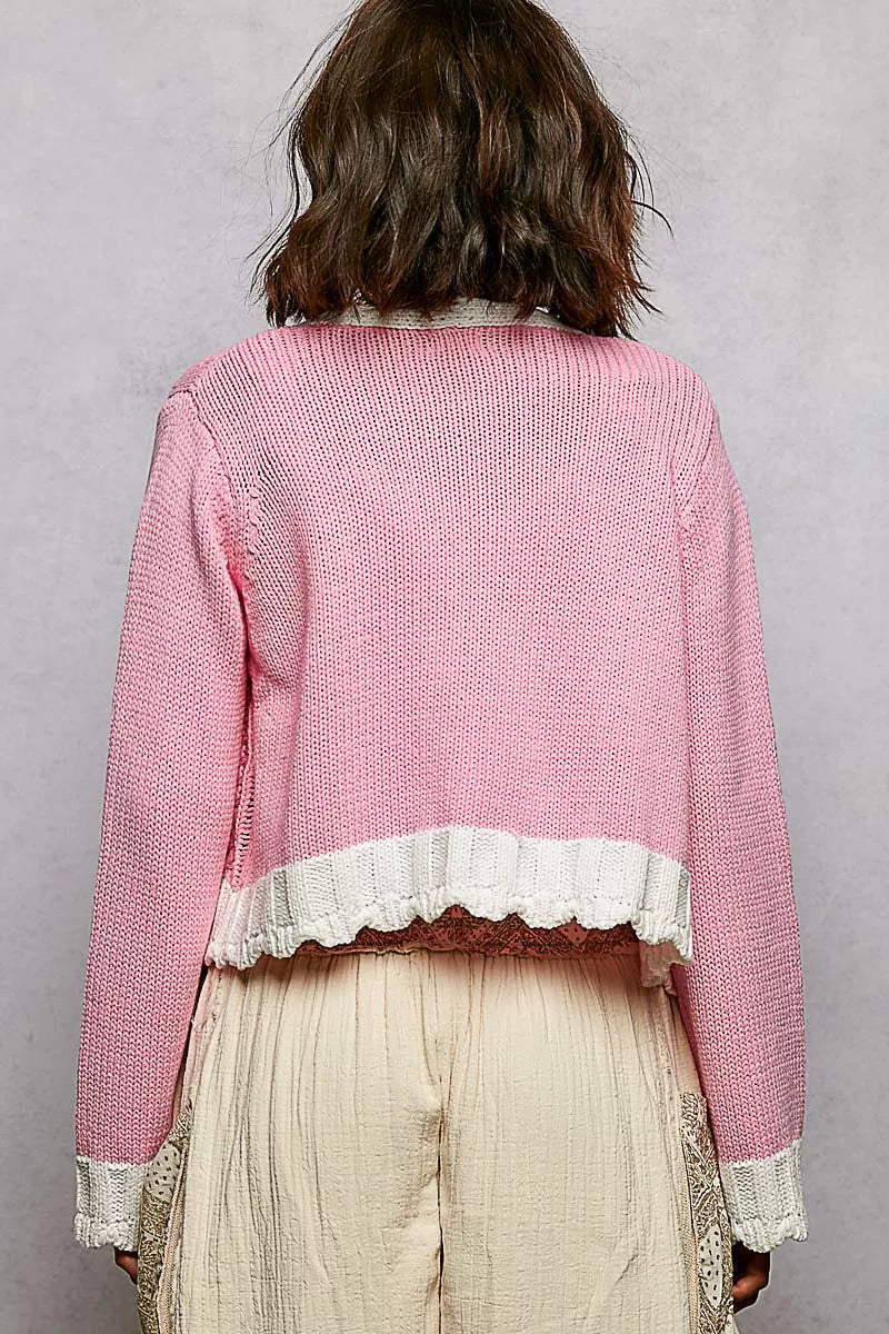 Pink Button Down Cable-Knit Cardigan-POL-Reef Love