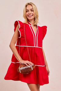 Gameday Ruffle Tier Mini Dress-Get gameday ready in this red tiered dress with contrast binding and ruffled details. A sporty-chic cotton favorite with playful details ready for football. -Reef Love Boutique