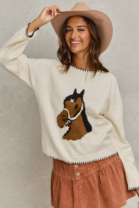 Horse Knit Sweater Top with Blanket Stitch-Sweater-Reef Love
