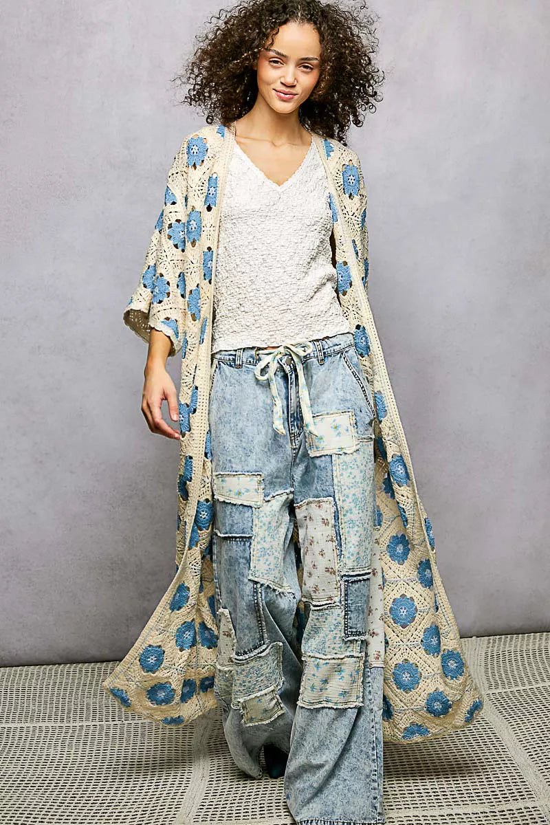 POL Open Front Floral Crochet Longline Cardigan, Sky Blue-Crochet Cardigan-Reef Love