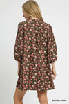 Woman wearing Fall Floral Tie-Neck Babydoll Dress-Fall floral tie-neck babydoll dress is a charming choice for any occasion. The tie-neck detail adds a touch of elegance to the sweet babydoll silhouette.