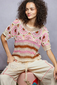 Weave Pattern Short Sleeve Crochet Top with Border Accents-Blouse-Reef Love